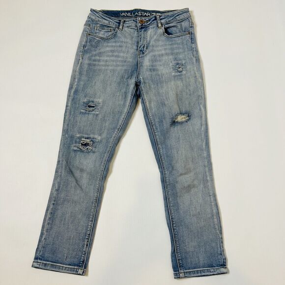 Vanilla Star Women's Blue Mid Rise Crop Distressed Stretch Jeans Size 9 School - Picture 1 of 11